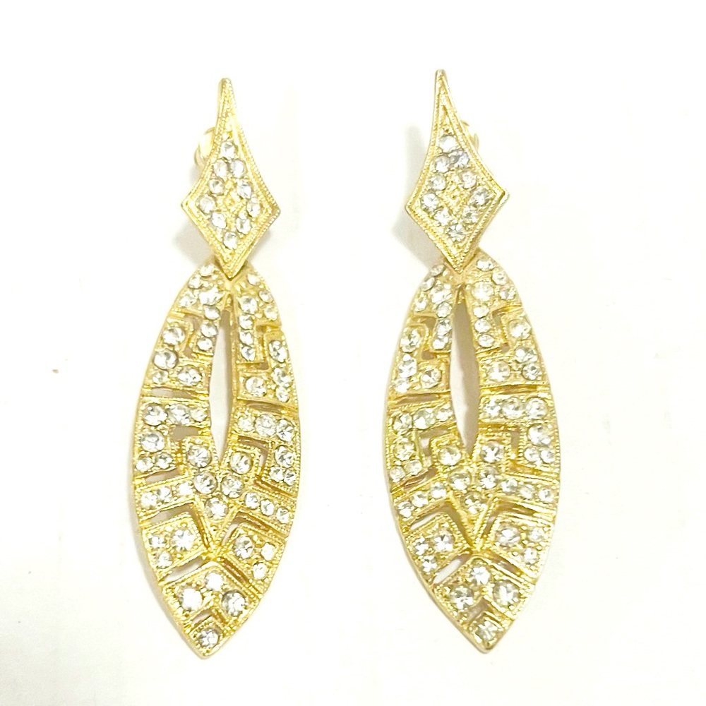 Rhinestone Crystal Gold Tone Earrings Art Deco